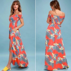 Lulus Patsy Coral Red Floral Print Off Shoulder Maxi Dress size XS